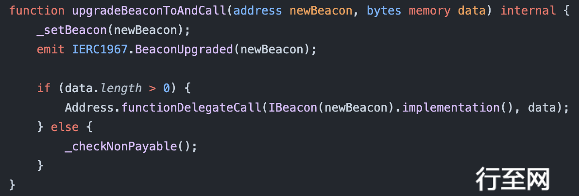 Code snippet of Beacon Proxy upgradeBeaconToAndCall() Function